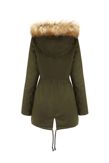 Cuello de piel verde militar Cintura con cordón Abrigo medio engrosado